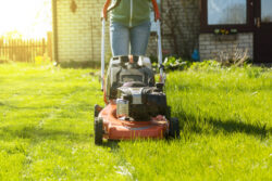 A woman mowing an overgrown lawn.