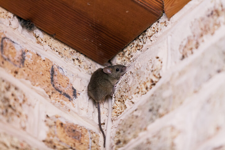 A small gray mouse in the corner of a room.