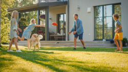 family and dog playing in a lawn