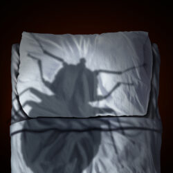 A shadow of a bed bug looming over a bed