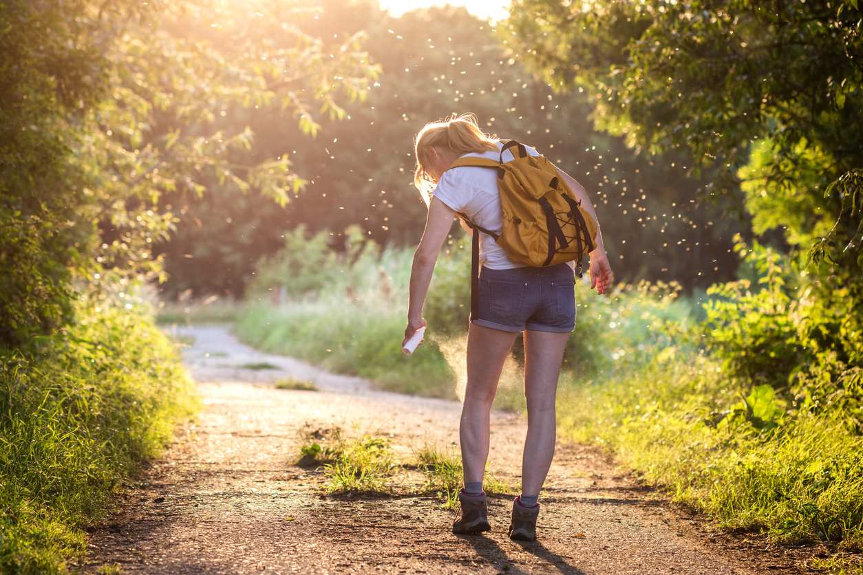 A woman sprays bug repellent on herself as she walks down a nature trail infested with many mosquitoes flying through the air.