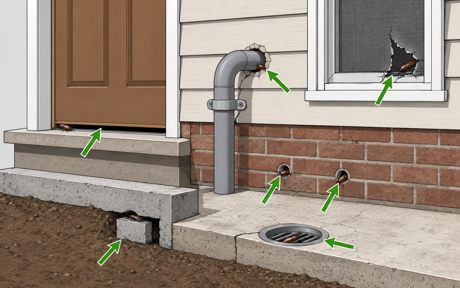 Common cockroach entry points in a Florida home — gaps under doors, pipes, weep holes, and floor drains