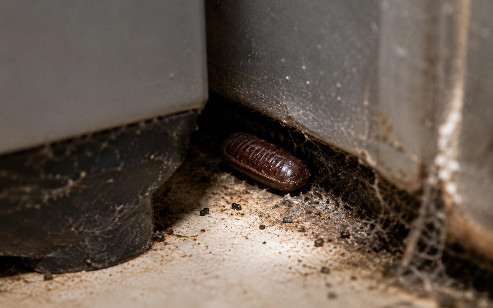 Cockroach egg case (ootheca) found behind kitchen appliance — signs of roach infestation