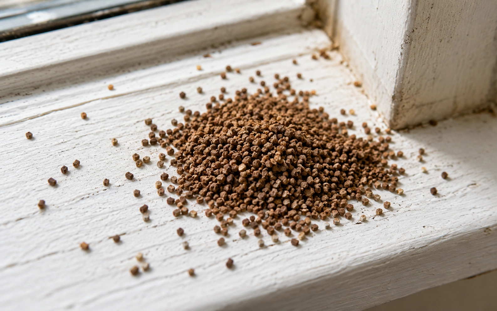 Drywood termite frass pellets — small hexagonal brown pellets expelled from infested wood — on a wooden window sill