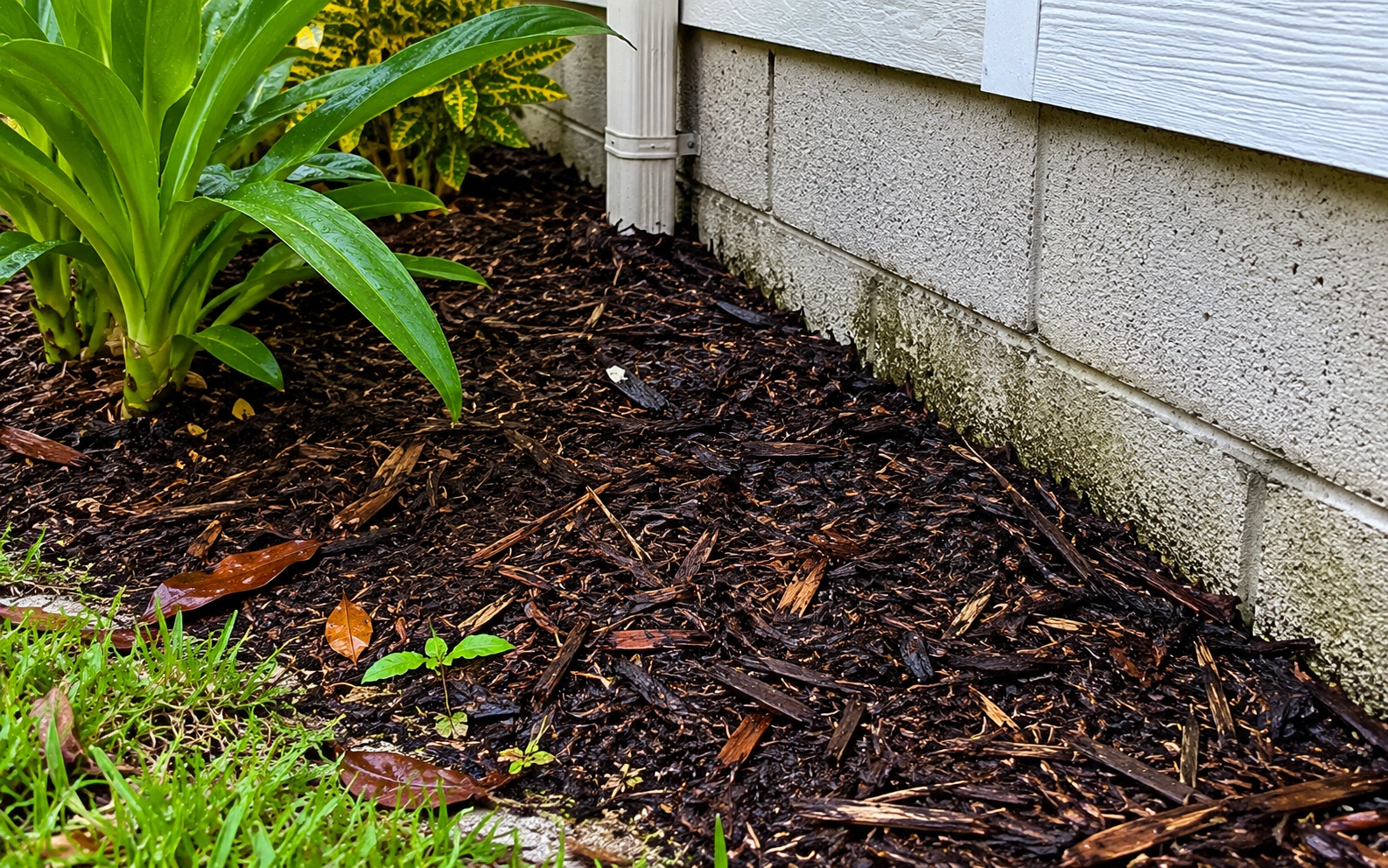 Mulch pressed against a home foundation — prime earwig harborage and entry point