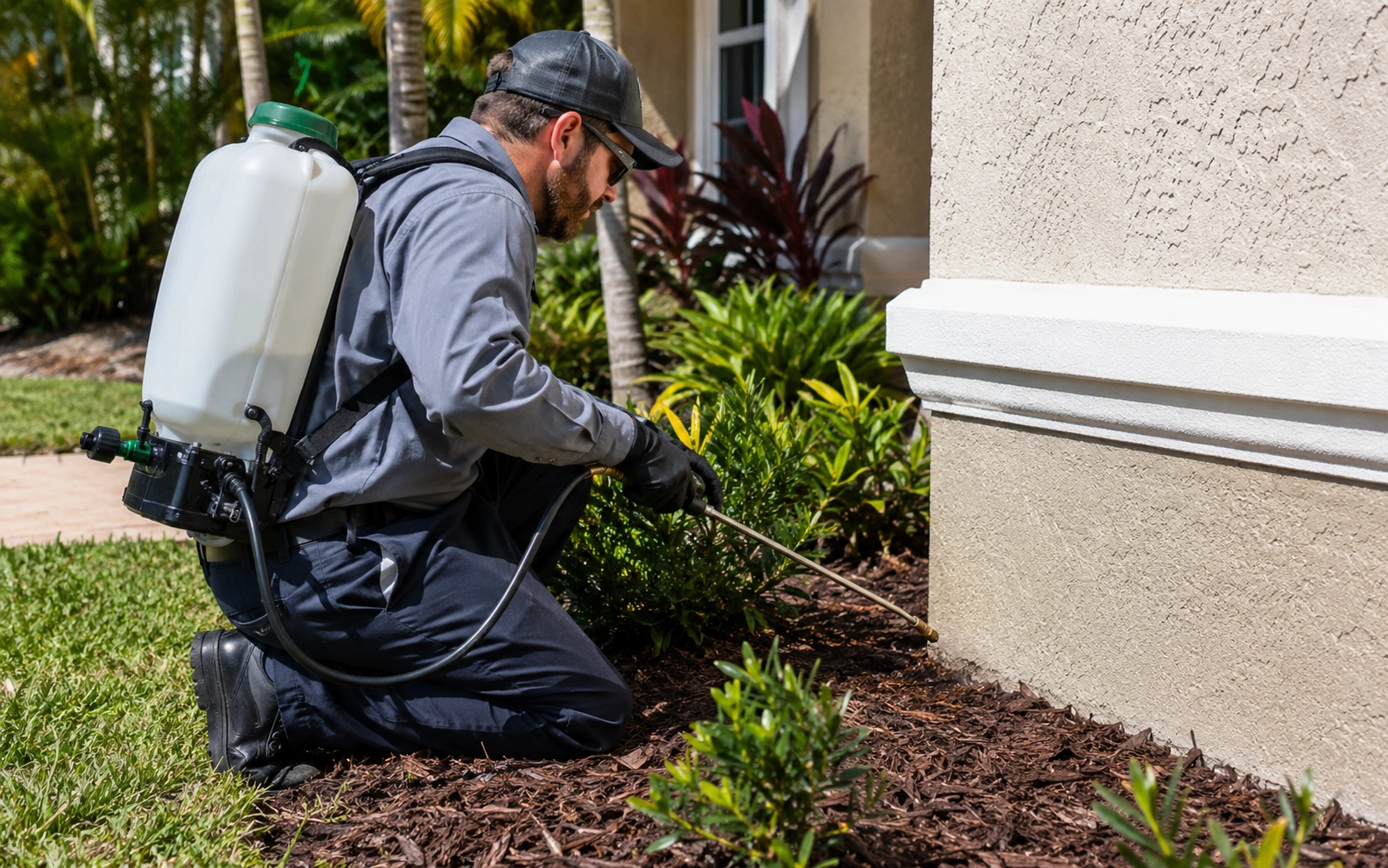 A pest control technician inspecting and treating the base of a home's exterior wall and mulch bed for earwig control in Florida