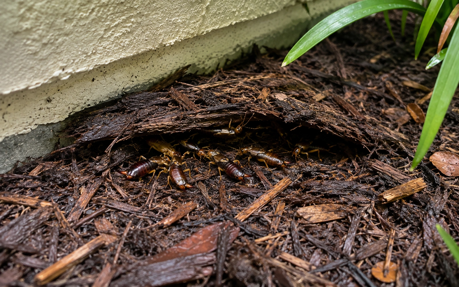 Earwigs sheltering under damp mulch near a home's foundation in a Florida yard