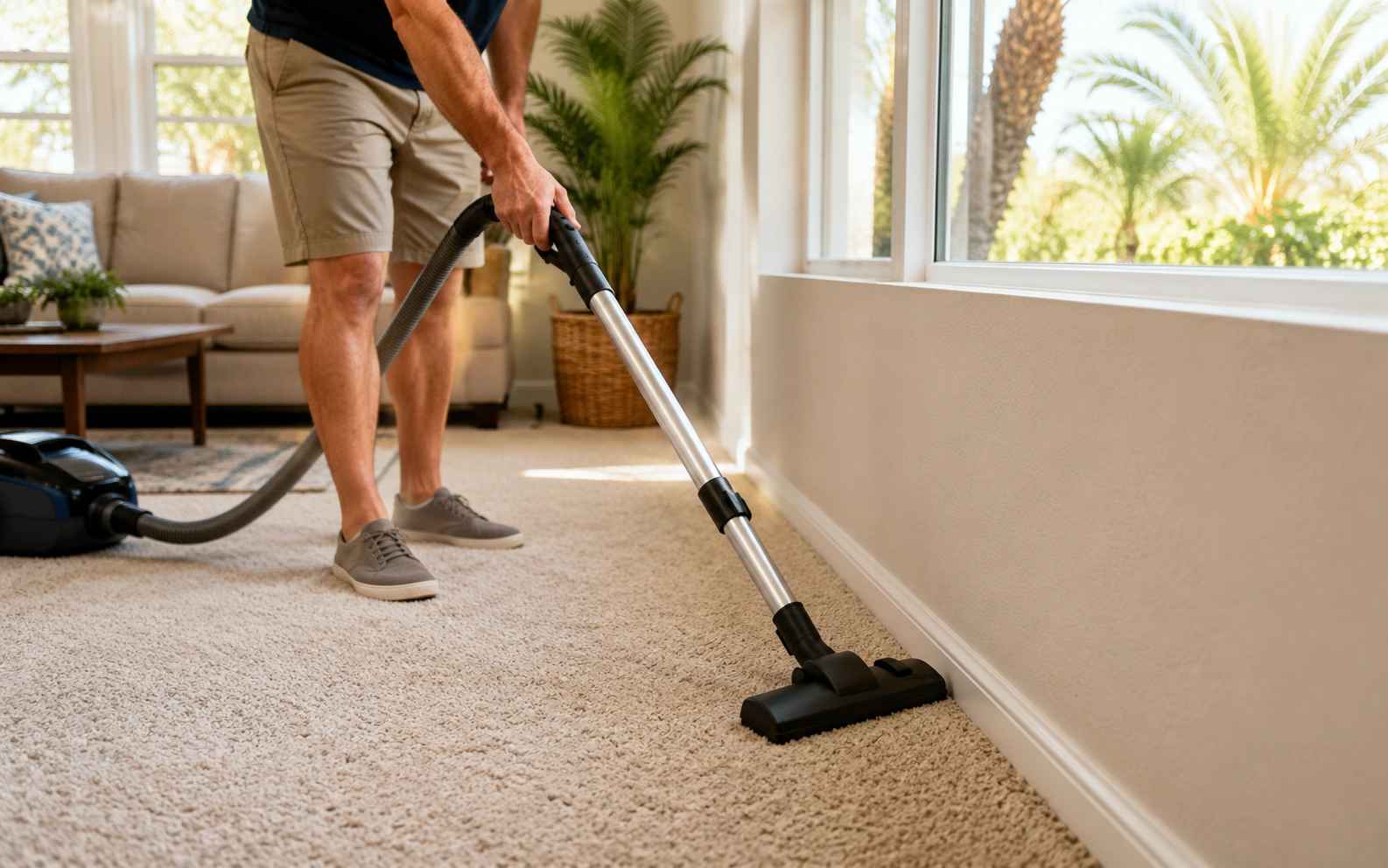 Florida homeowner vacuuming carpet to remove flea eggs and larvae as part of a comprehensive flea treatment plan