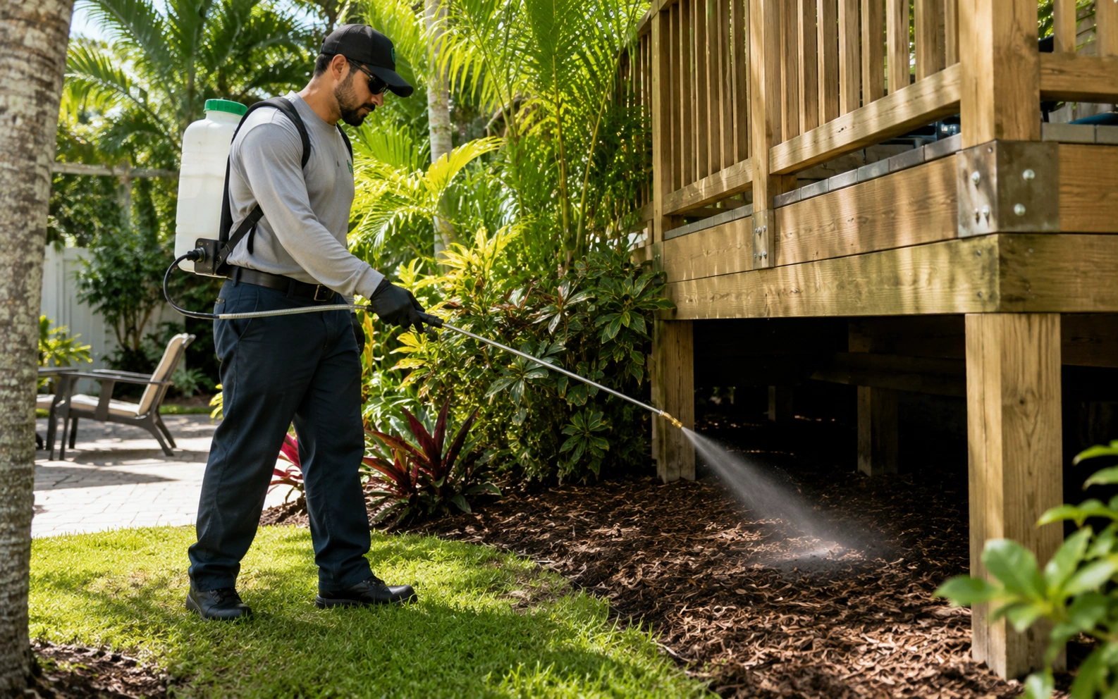 Pest control technician spraying outdoor yard area in Florida to eliminate flea habitats near a shaded patio
