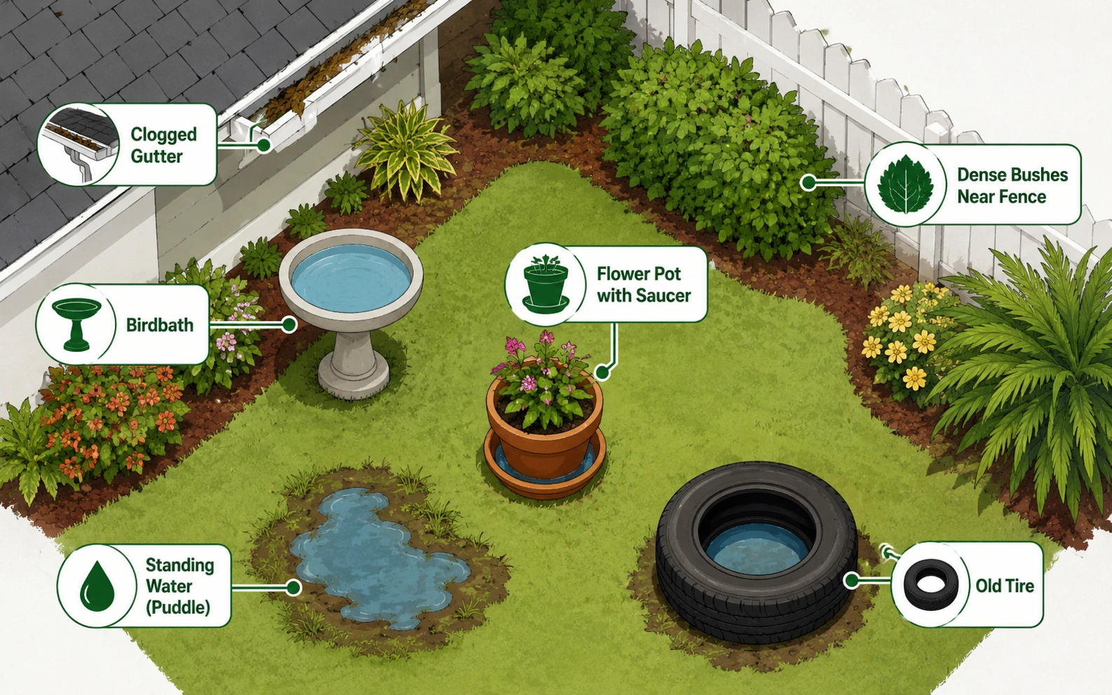 Common mosquito breeding sites in a Florida backyard — birdbaths, gutters, flower pots, and standing puddles