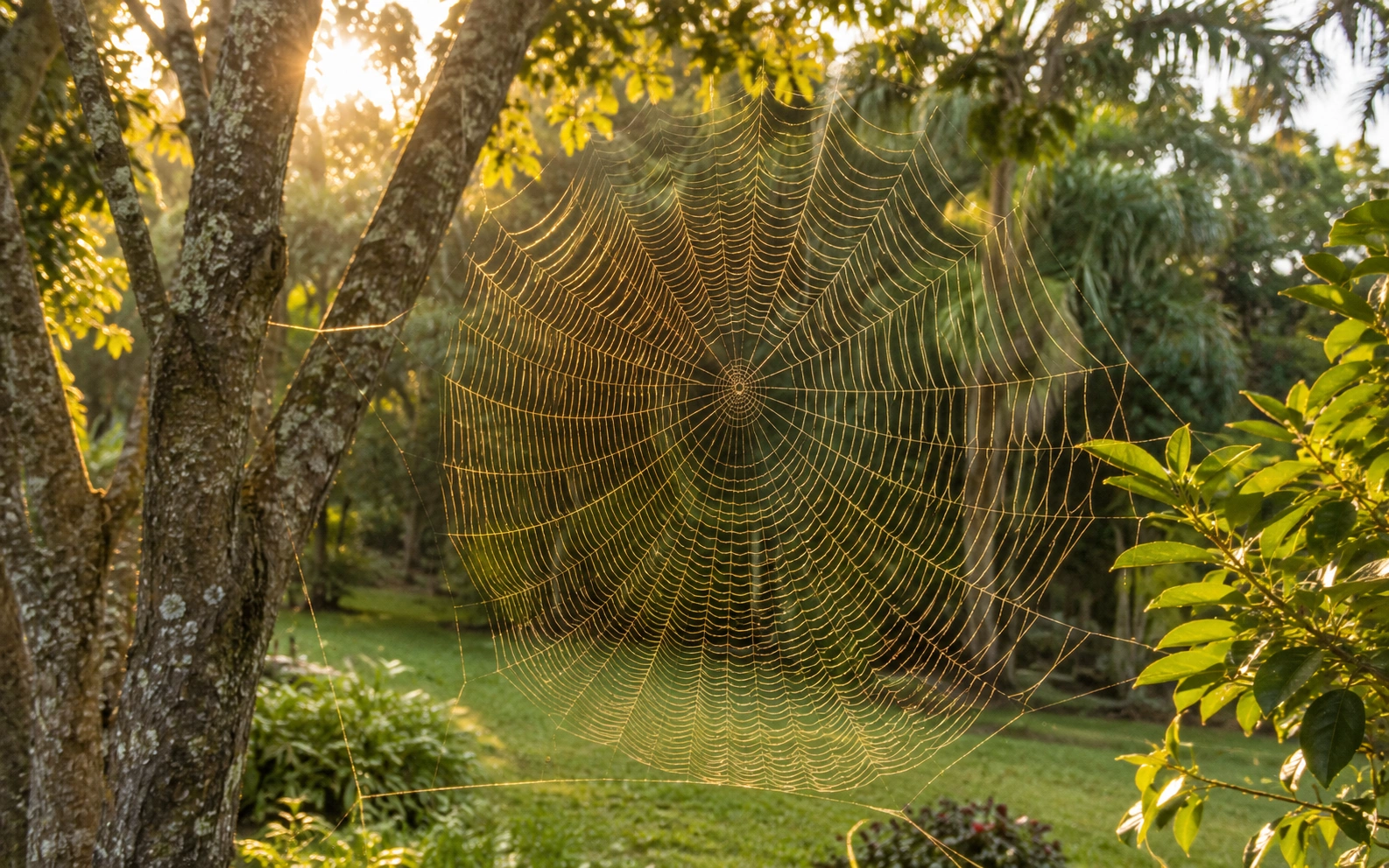 Golden silk orb-weaver web in a Florida yard — large golden circular web