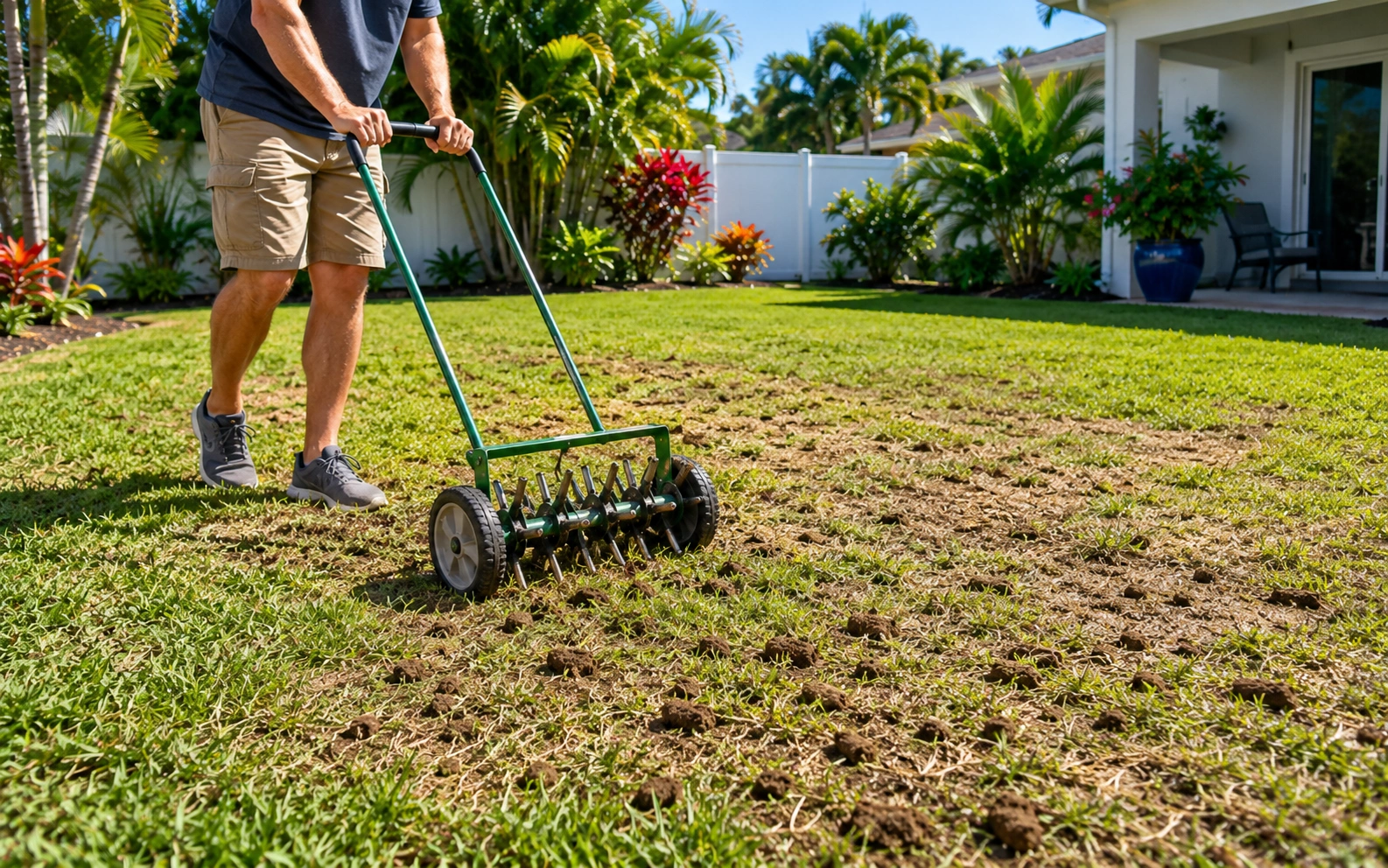 Florida homeowner aerating lawn to repair soil damage from mole cricket tunneling