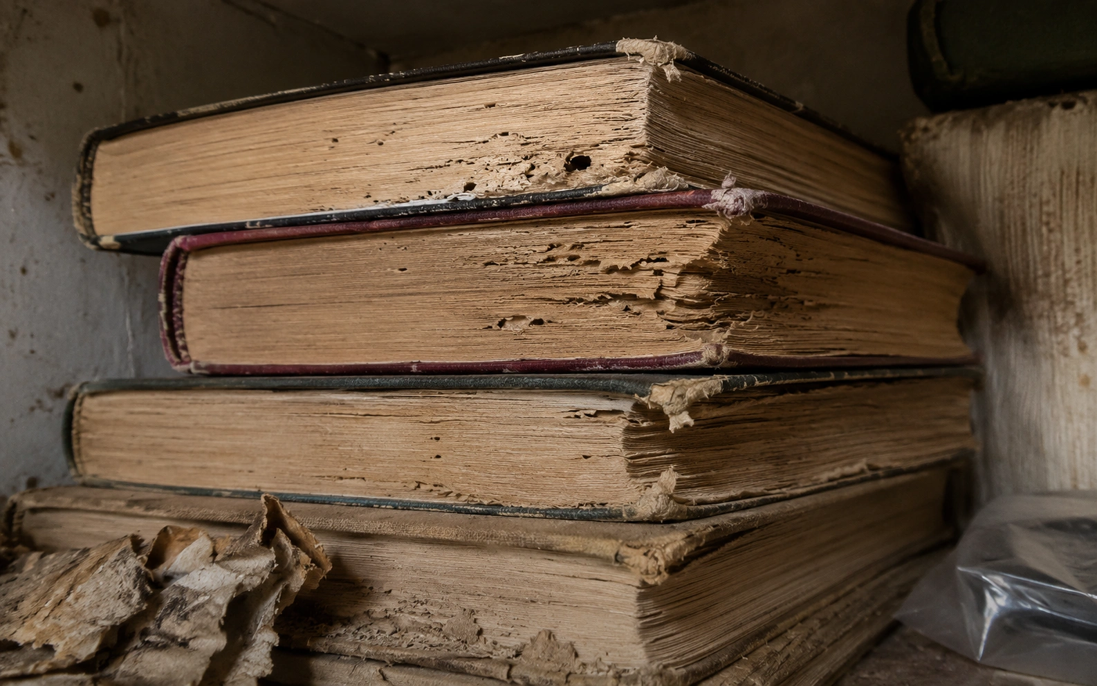Silverfish damage visible on the pages and binding of old books stored in a humid closet