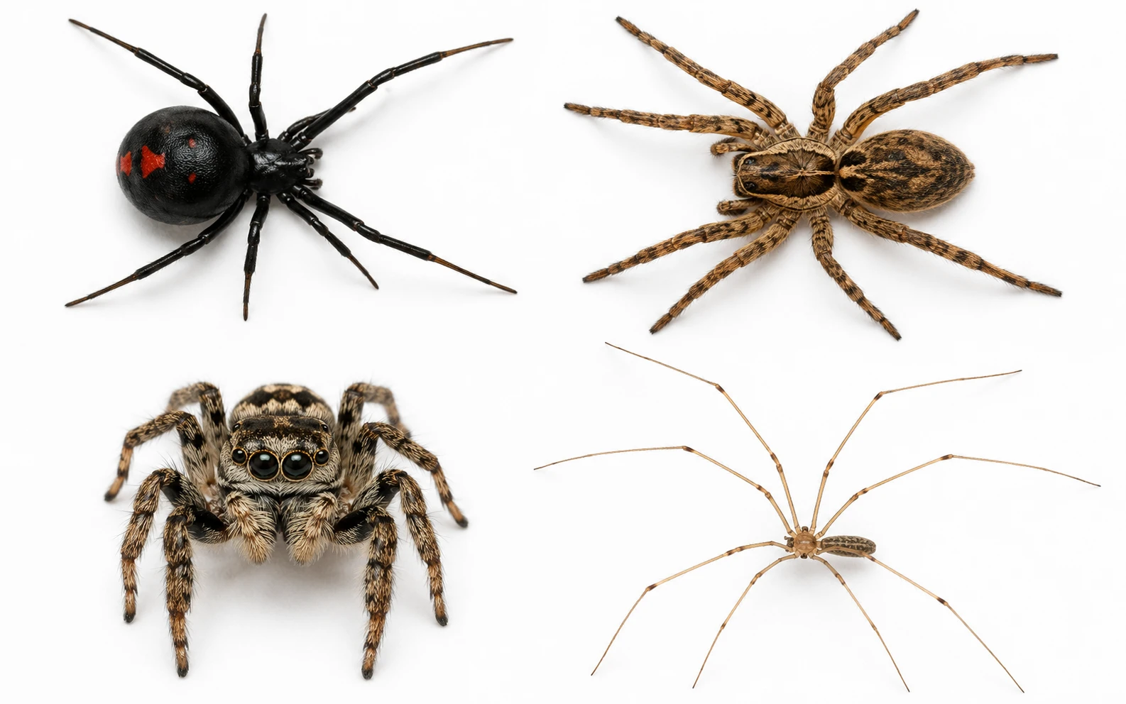 Florida spider comparison — black widow, wolf spider, jumping spider, and cellar spider