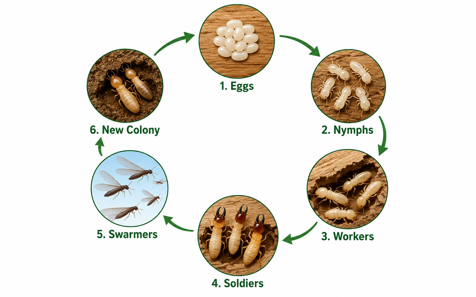 Termite life cycle stages illustrated — eggs, nymphs, workers, soldiers, swarmers, and new colony formation
