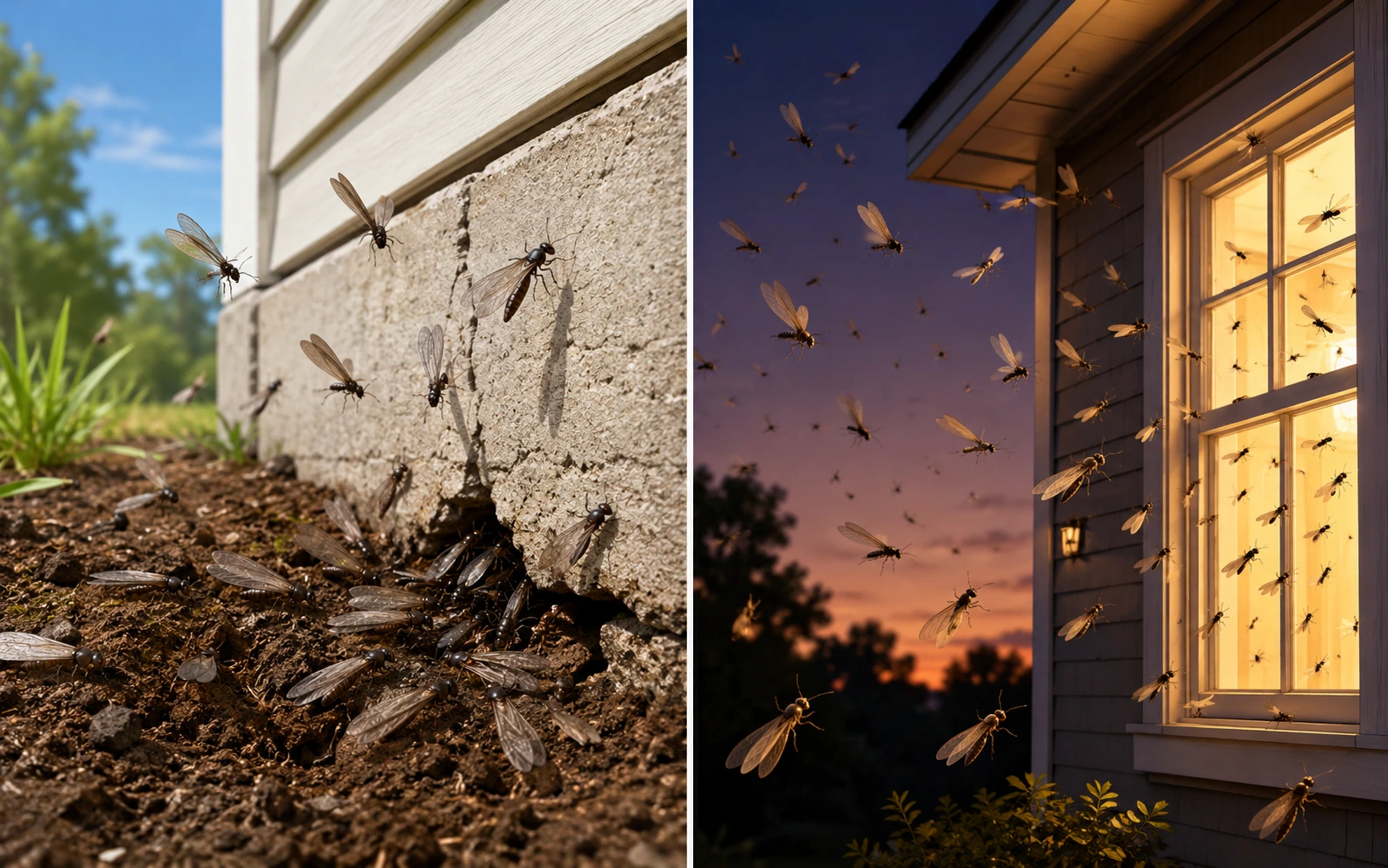 Subterranean termite swarmers emerging from soil vs drywood termite swarmers flying toward porch light at dusk