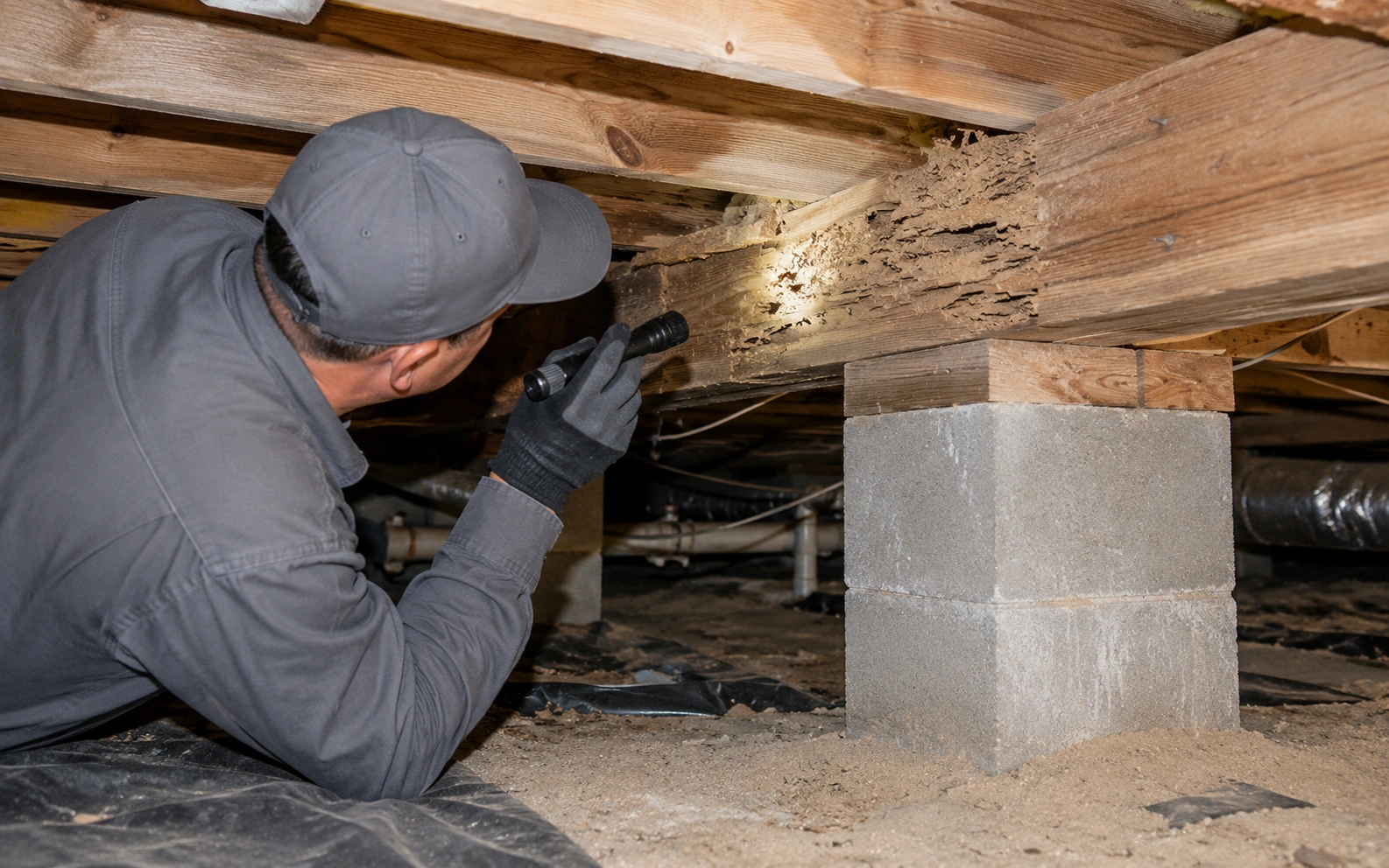 Pest control technician inspecting wooden floor joists in a Florida crawl space for subterranean termite damage