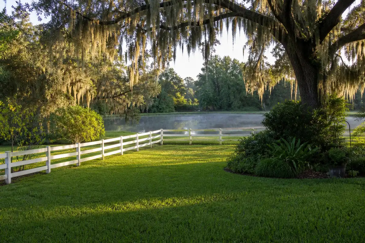 A Central Florida backyard bordering horse pasture and a small pond near Ocala, the kind of property that draws heavy mosquito pressure.