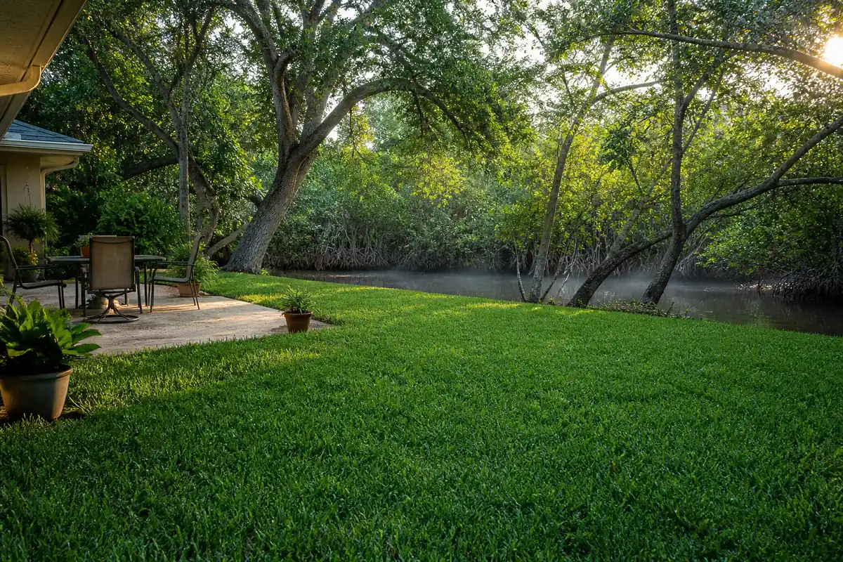 A Tampa Bay backyard bordering coastal wetland and shaded landscaping, the kind of property that draws heavy mosquito pressure in Hillsborough County.