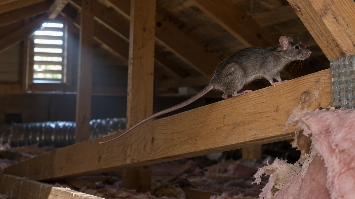 Roof rat in a Florida attic beside damaged insulation