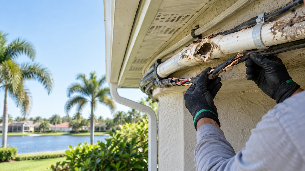 Wiring and irrigation line chewed by roof rats at a Florida home