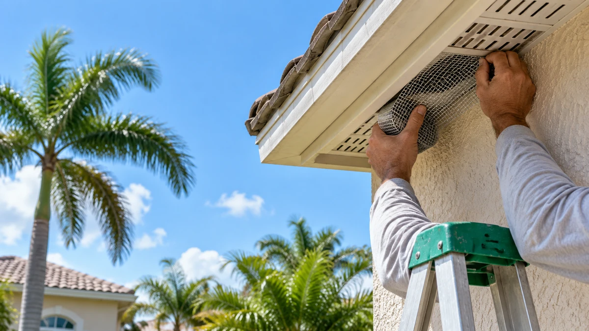 Technician sealing a soffit gap on a Florida home to exclude roof rats
