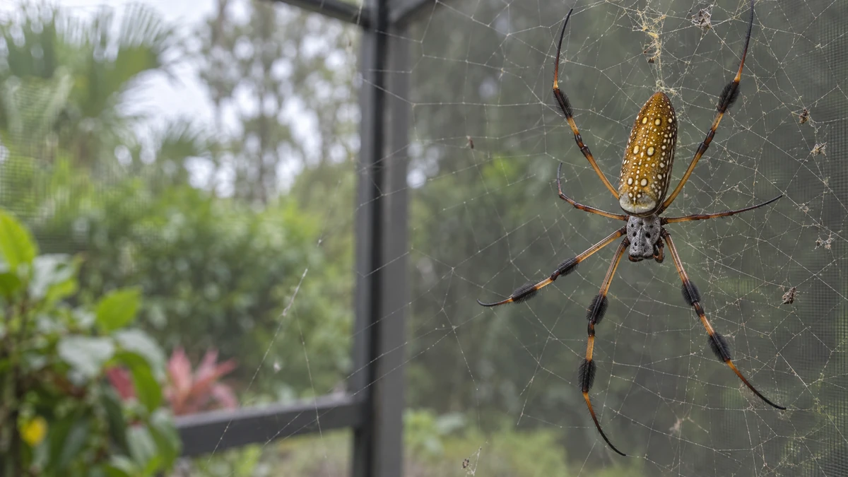 Golden silk orb-weaver, commonly called a banana spider, in its web outside a Florida home