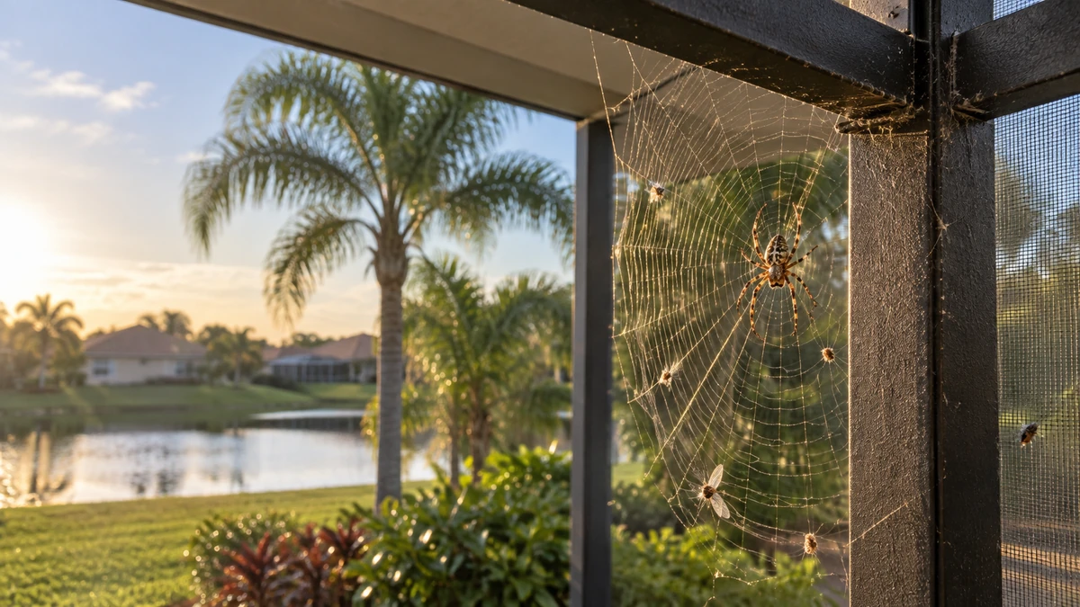 Spider web in the corner of a Florida lanai, a sign of the insect activity that draws spiders indoors