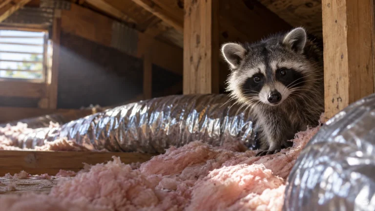 Raccoon in a Florida attic among insulation and ductwork