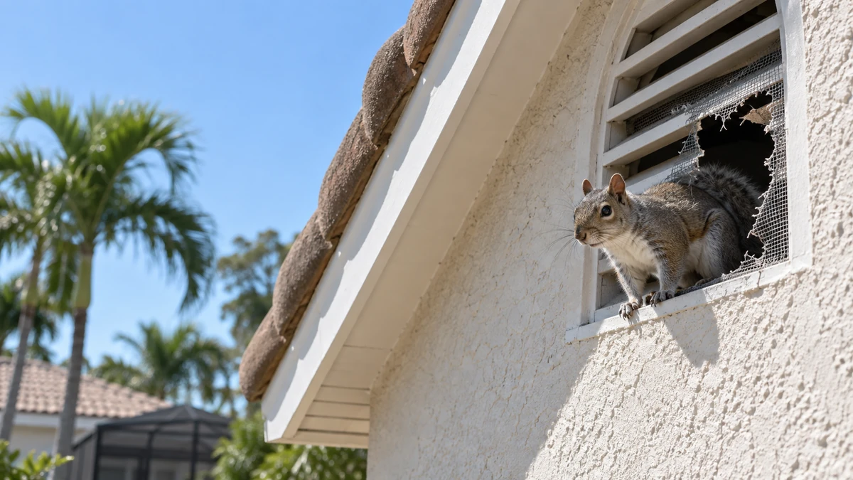 Gray squirrel at a chewed gable vent on a Florida home