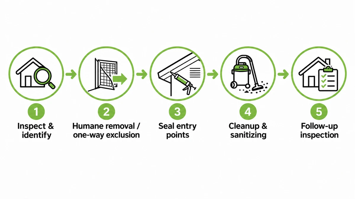 The five-step professional wildlife removal process, from inspection to follow-up