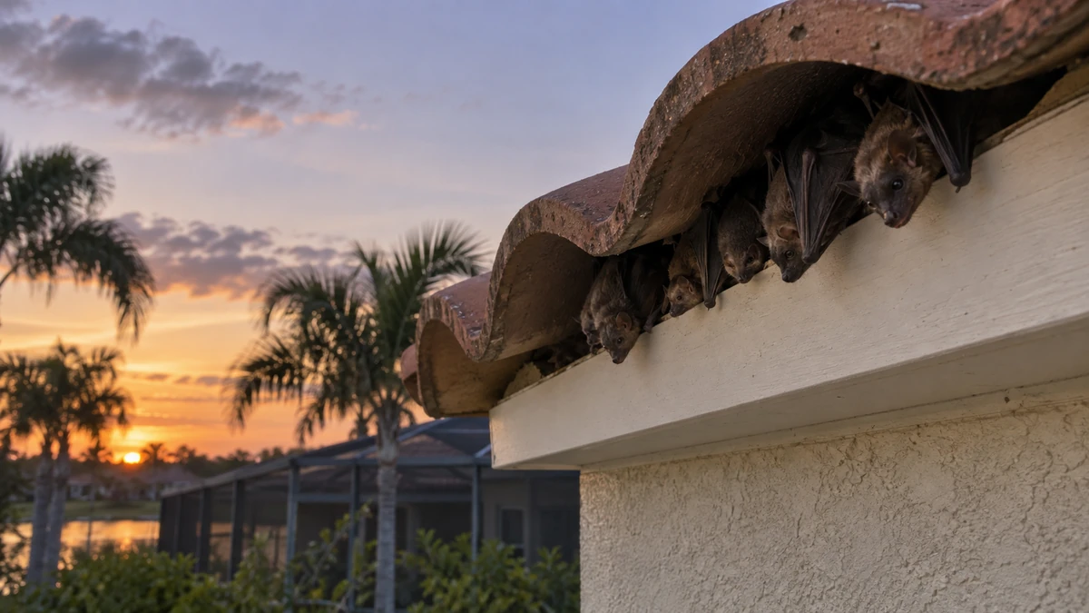 Bats roosting at the roofline of a Florida building, a protected species with a regulated exclusion window