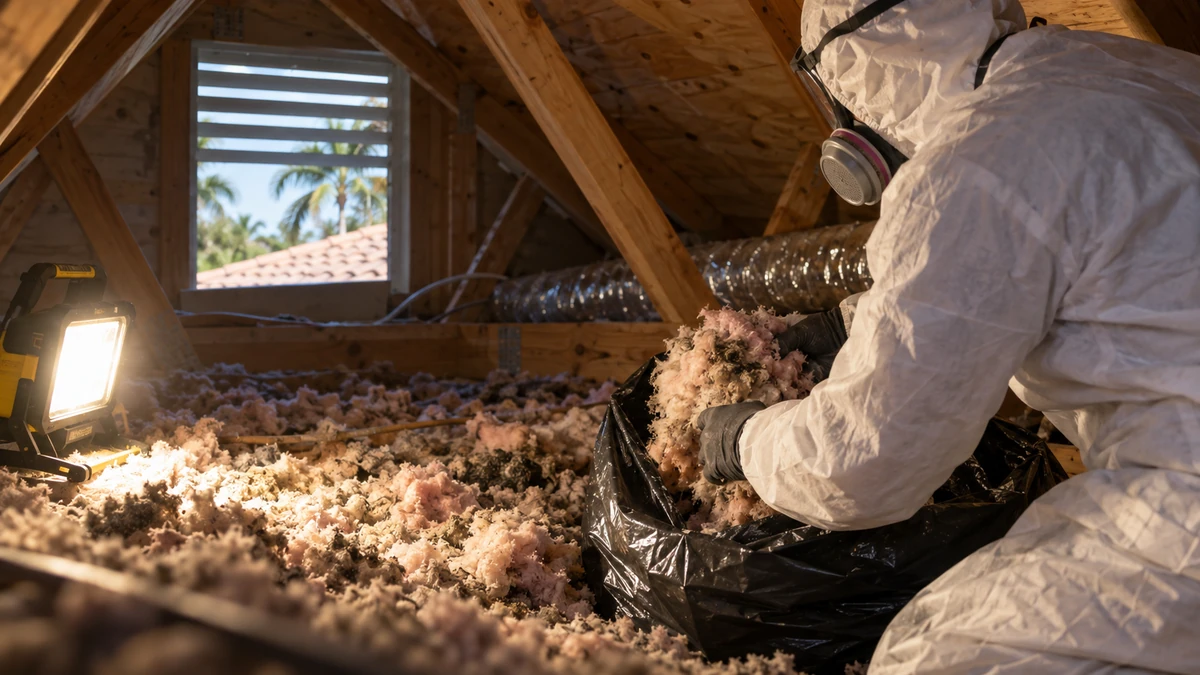 Technician removing contaminated insulation during attic restoration after wildlife removal